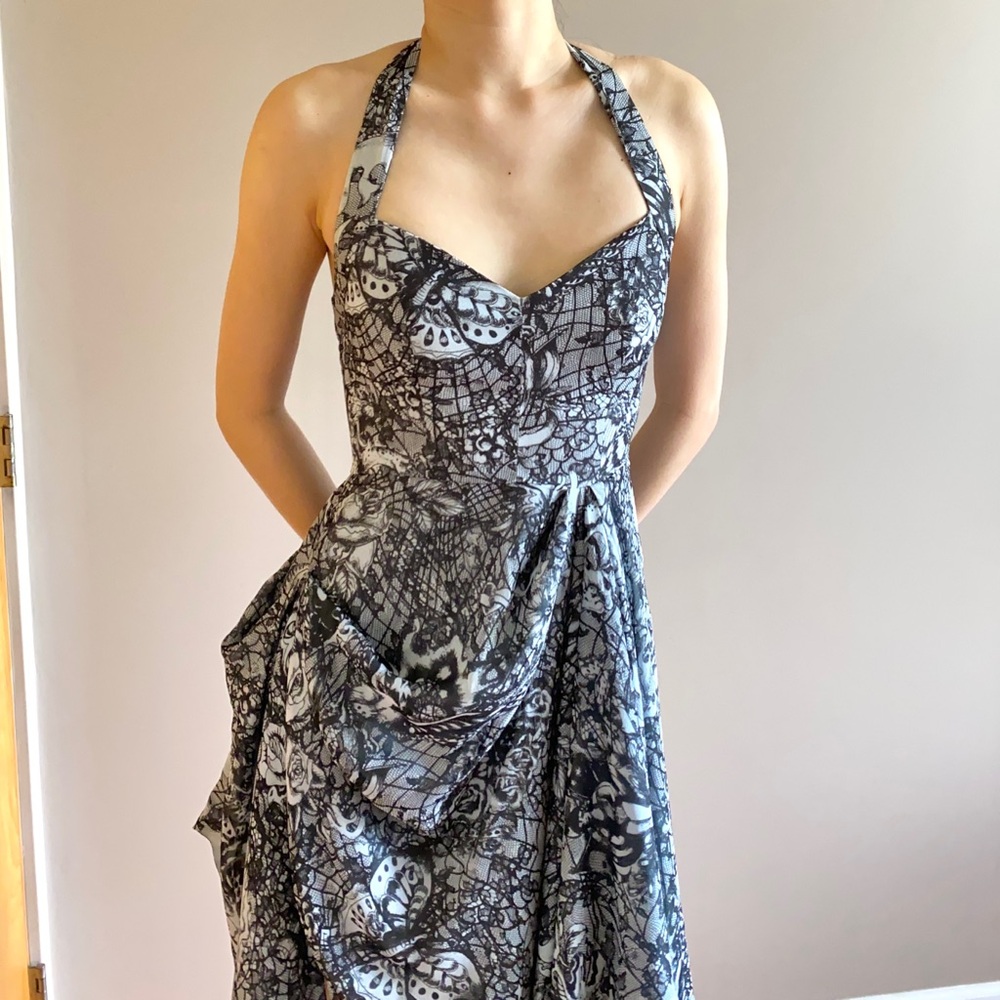 Vintage Alexander McQueen butterfly lace printed silk halter dress - Picture 2 of 12